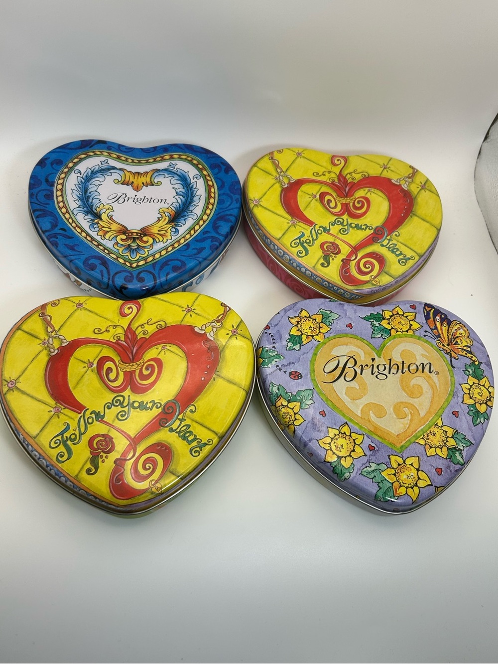 Brighton Collectible Tins Lot of 4 Large Heart Shape 5" x 5.5" Empty Trinkets